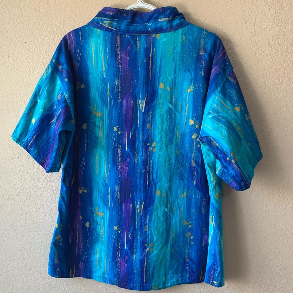 Abstract Art-To-Wear Blue Purple Button Front Artsy Boho Blouse - Picture 3 of 11